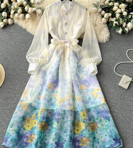 Autumn 2024 Retro Fashion Pink Flower Single Breasted Elegant Long Dress Women Blue Stand Neck Long Sleeve Print Bohemian Dress