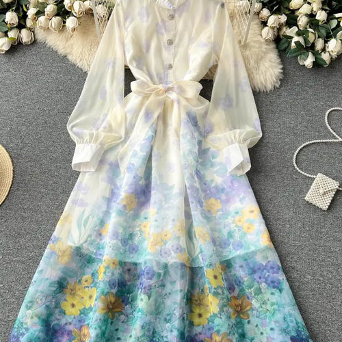 Load image into Gallery viewer, Autumn 2024 Retro Fashion Pink Flower Single Breasted Elegant Long Dress Women Blue Stand Neck Long Sleeve Print Bohemian Dress
