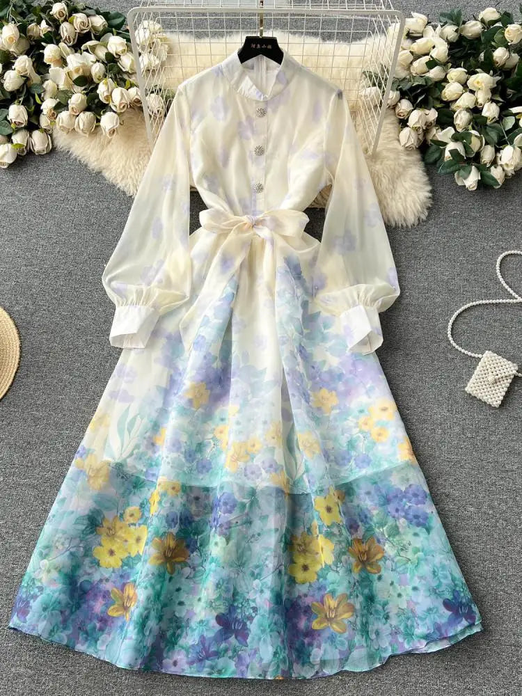 Autumn 2024 Retro Fashion Pink Flower Single Breasted Elegant Long Dress Women Blue Stand Neck Long Sleeve Print Bohemian Dress