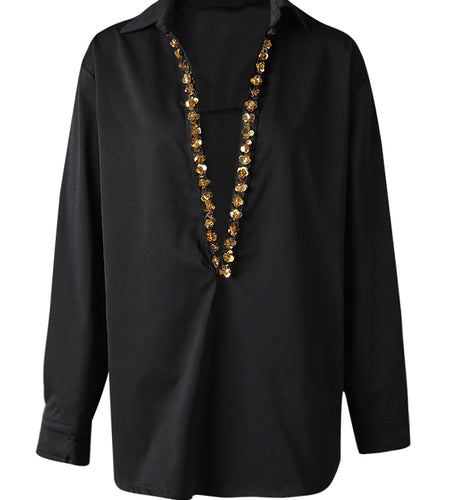 Women Black Rhinestones Big Size Elegant Blouse New V-neck Long Sleeve Shirt Fashion Tide Spring Autumn 2025 CPG3073