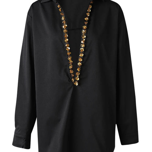 Load image into Gallery viewer, Women Black Rhinestones Big Size Elegant Blouse New V-neck Long Sleeve Shirt Fashion Tide Spring Autumn 2025 CPG3073
