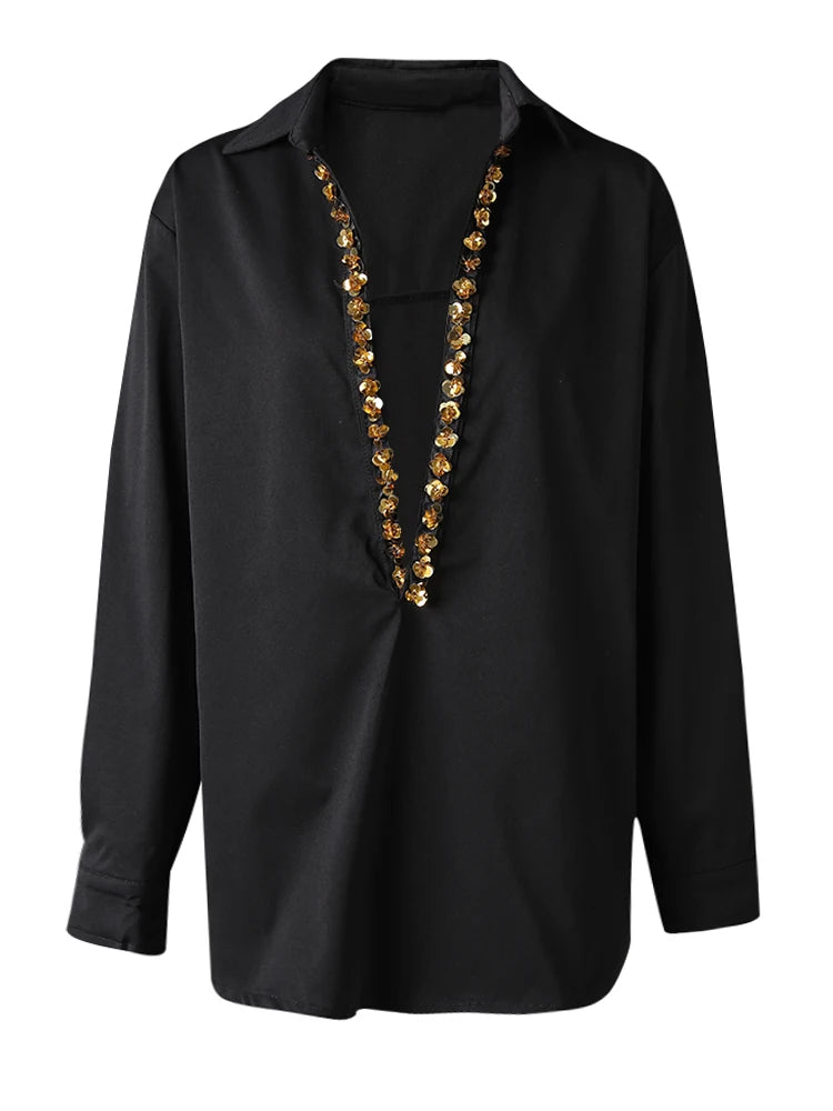 Women Black Rhinestones Big Size Elegant Blouse New V-neck Long Sleeve Shirt Fashion Tide Spring Autumn 2025 CPG3073