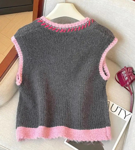 Women Grey Patchwork Cherry Embroidered Knitted Vest Tops Autumn Winter New Single Breasted Round Neck Short Waistcoat Sweater