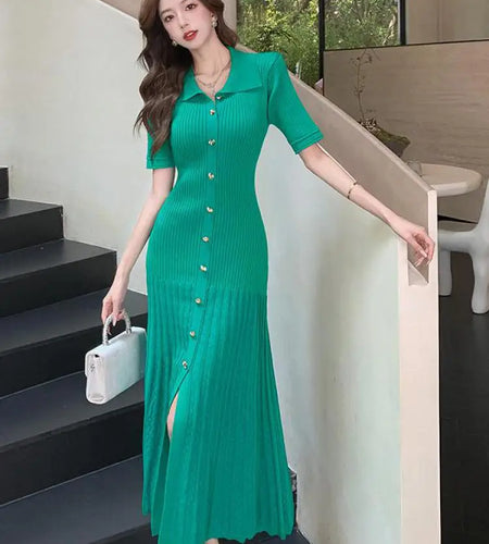 Spring Summer 2025 New Korean Style Black Beige Slim Short Sleeves Dress Women Fashion Green Elegant Single Breasted Long Dress