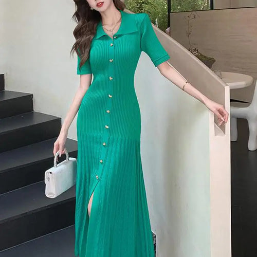 Load image into Gallery viewer, Spring Summer 2025 New Korean Style Black Beige Slim Short Sleeves Dress Women Fashion Green Elegant Single Breasted Long Dress
