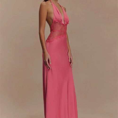 Load image into Gallery viewer, Summer Backless Sexy Maxi Dress Women Gown Patchwork Lace Halter Deep V Neck Sleeveless High Waist Elegant Long Dress
