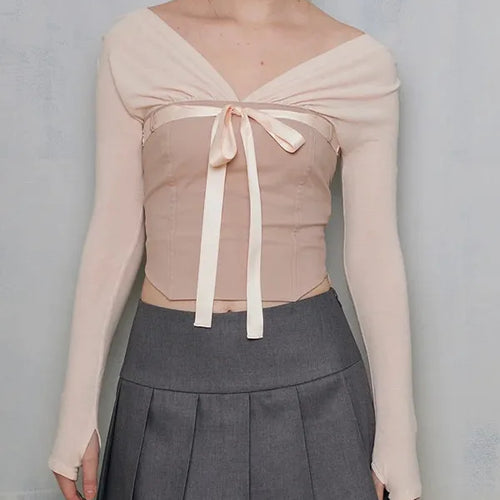 Load image into Gallery viewer, Contrast Patchwork Satin Lacing Crop Top Women V-Neck Long Sleeve Slim Versatile T-shirt Balletcore Party Streetwear
