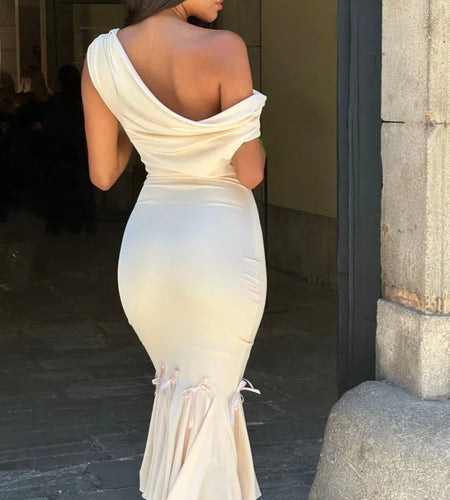 Elegant Irregular Tight Ruffle Edge Evening Dress Women's Sexy V-neck One Shoulder Dress Female Double Layer Party Club