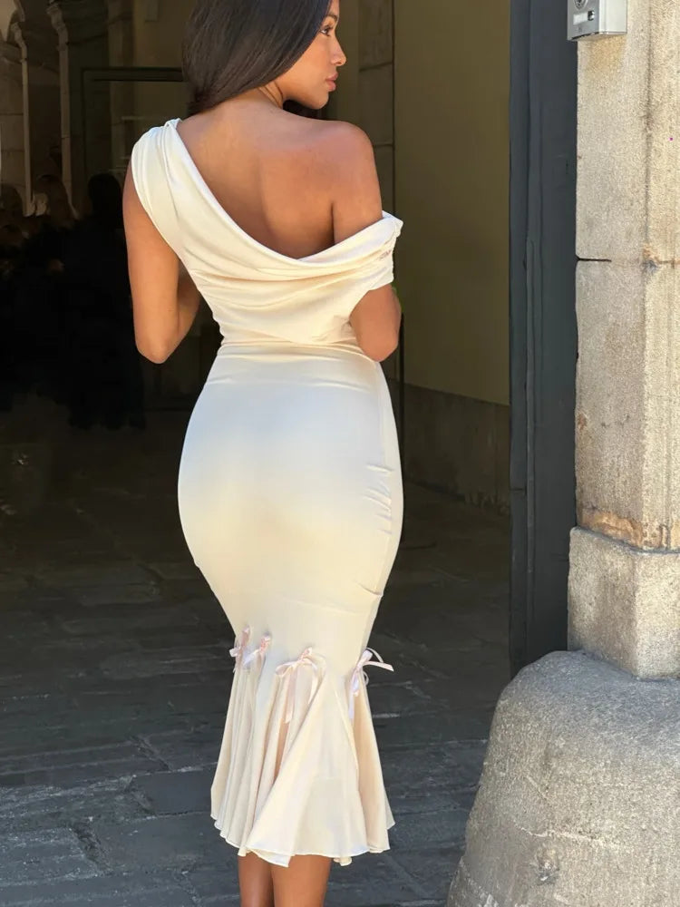 Elegant Irregular Tight Ruffle Edge Evening Dress Women's Sexy V-neck One Shoulder Dress Female Double Layer Party Club