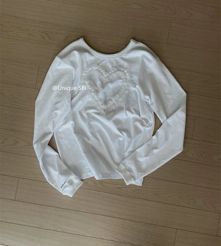 Streetwear Y2k T Shirts Women Clothing Long Sleeve O-neck Tees Lace Love Sweet Camisetas Hollow Out Sexy T-shirt 2024 Ropa Mujer