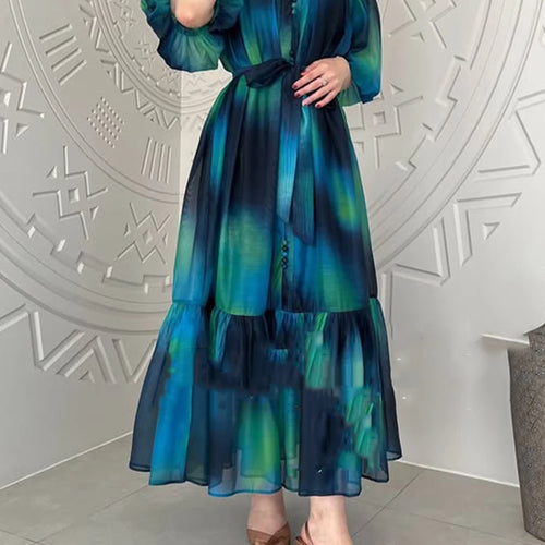 Load image into Gallery viewer, Hit Color Spliced Lace Up Loose Dresses For Womne O Neck Half Sleeve High Waist Long Dress Female Fashion Style New
