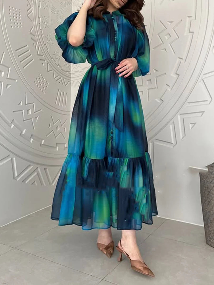 Hit Color Spliced Lace Up Loose Dresses For Womne O Neck Half Sleeve High Waist Long Dress Female Fashion Style New