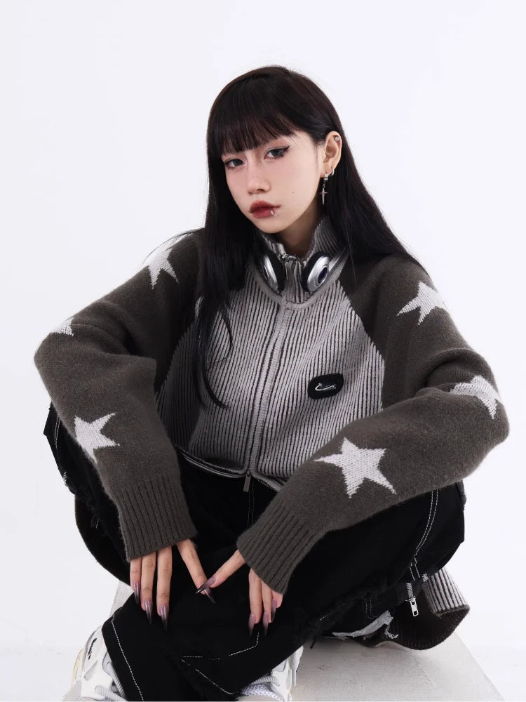 Y2k Harajuku Streetwear Star Graphics Sweaters Korean Grunge Zip Up Knitted Tops American Vintage Grey Cardigans Women