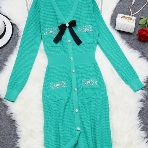 Load image into Gallery viewer, Korean Women Black White Elegant Diamond Bow Knit Dress Autumn Green Slim V Neck Office Long Sleeved High Waist Split Dress Chic
