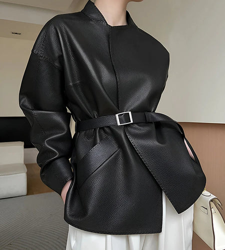 Women’s Winter Faux Leather Jacket Clothes 2025 Spring Belt Loose Casual PU Leather Black Coats Outerwears for Women