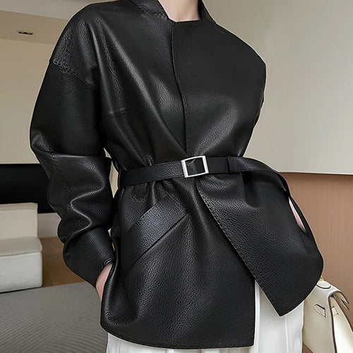 Load image into Gallery viewer, Women’s Winter Faux Leather Jacket Clothes 2025 Spring Belt Loose Casual PU Leather Black Coats Outerwears for Women

