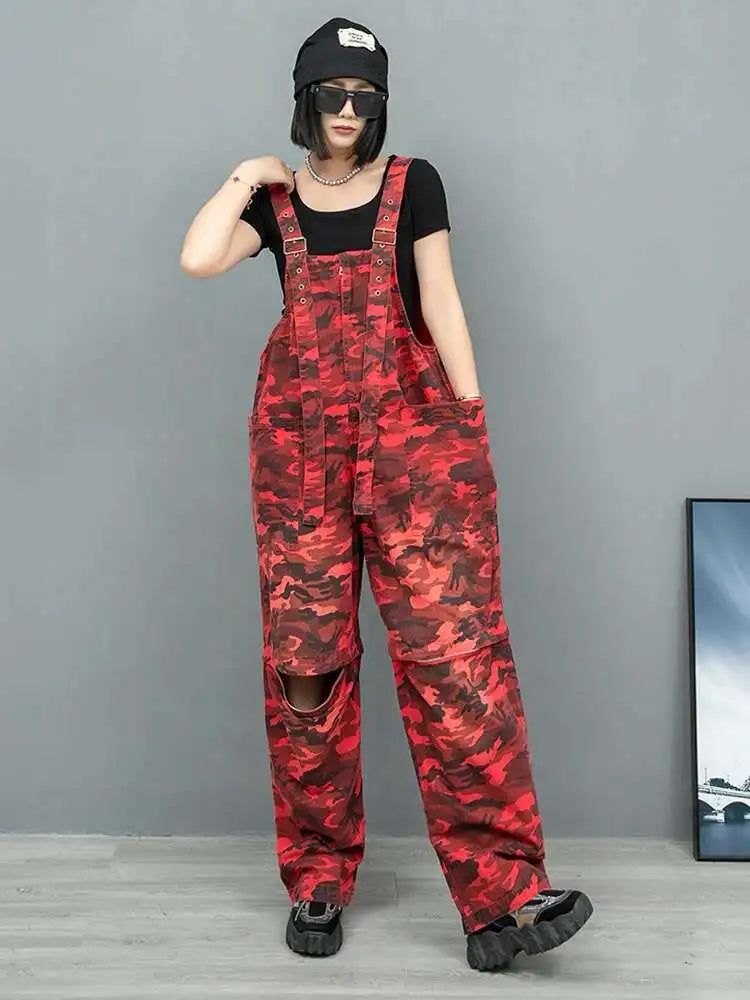 High Waist Red Camouflage Big Size Long Overalls Wide Leg Jeans New Women Trousers Fashion Tide Spring Autumn 2025 1DH9905