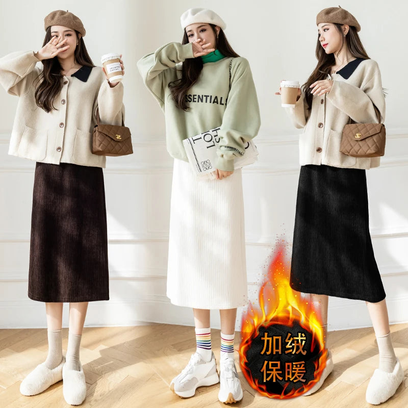 Korean Fashion Black White Elegant Office Thick Skirt Women Autumn Winter Brown Slim High Waist Velvet Knitted Long Skirts Trend