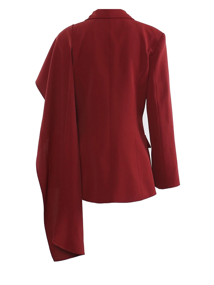 Women Red Irregular Scarf Spliced Elegant Blazer New Lapel Long Sleeve Jacket Fashion Tide Spring Autumn 2025 CPDB330