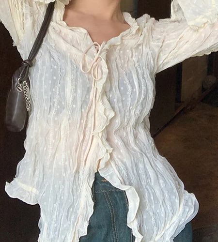 Patchwork Dot Sheer Shirts For Women V Neck Flare Sleeve Spliced Lace Up Temperament Shirt Female Fashion Clothes