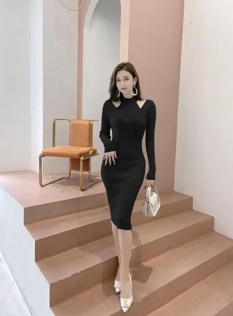 French Women Solid Elegant Festival Hollow Out Knit Dress Autumn Long Sleeve Slim Ladies Fashion Wrap Hip Dresses Clothing Trend