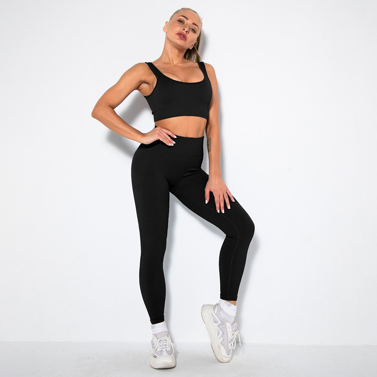 Gym Set Summer 2 Piece Outfit Ribbed Sport Bra Leggings Seamless Workout Set Fitness Active Wear Tracksuit Women Yoga Clothing