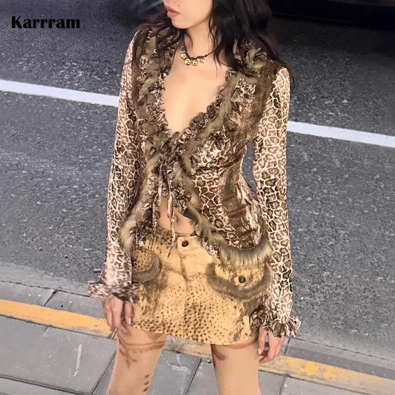 Japanese Y2k Leopard Print Shirt Vintage Harajuku Fur Shirt Grunge Aesthetics V-neck Irregular Blouses American Retro