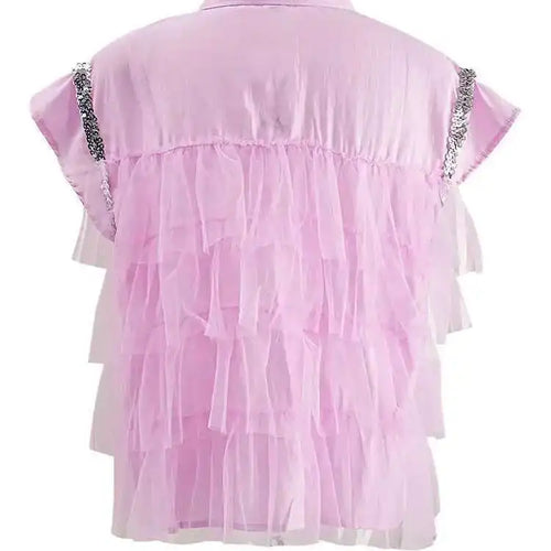 Load image into Gallery viewer, Women pink Color Sequins Mesh Ruffles Big Size Blouse New Lapel Sleeveless Shirt Fashion Tide Spring Summer 2025 CPG1527
