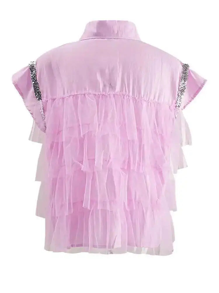 Women pink Color Sequins Mesh Ruffles Big Size Blouse New Lapel Sleeveless Shirt Fashion Tide Spring Summer 2025 CPG1527