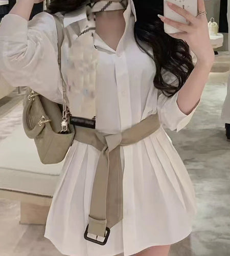 Fashion Spliced Lace Up Shirt Dresses for Women Lapel Long Sleeves Patchwork Single Breasted Dress Female Clothing