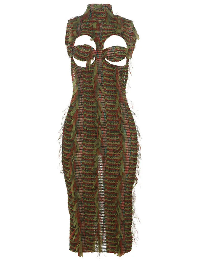 Sexy Sleeveless Hollow Out Bodycon Long Dress For Women 2025 New Women High Neck Street Fashion High Waist Slim Vestidos