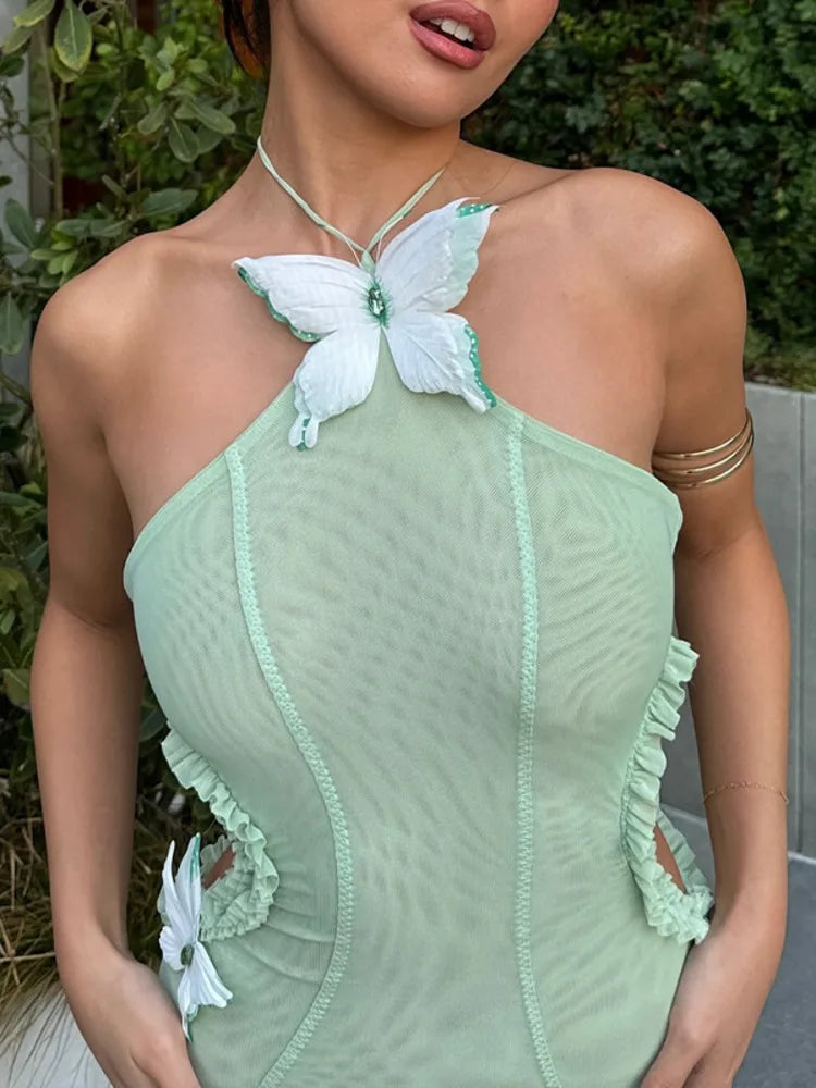 Sexy Sleeveless Hanging Zero Hollow Out  Bow Slim Dress For Women Elegant Bodycon Backless Fishtail 2025 Party Vestidos