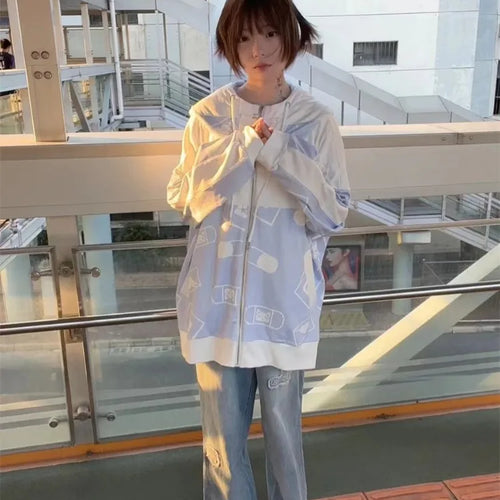 Load image into Gallery viewer, Streetwear Vintage Contrast Coats Women Loose Y2k Aesthetic Cartoon Print Jackets Casual Oversized Harajuku Kawaii Hoodies Top
