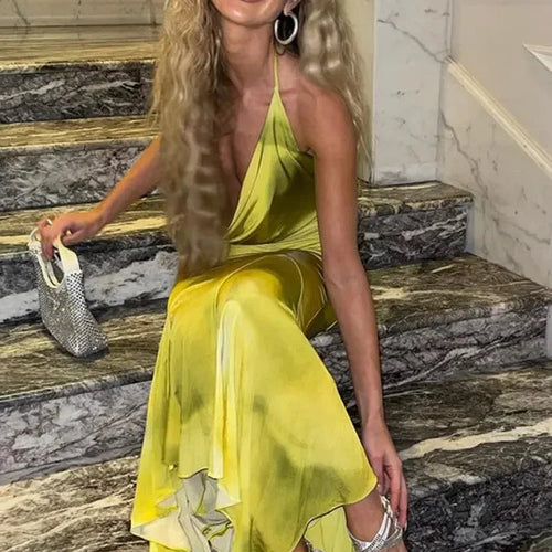 Load image into Gallery viewer, Ruffle Halter Cowl Neck Backless Maxi Dresses for Woman 2023 Summer Vacation Outfits Yellow Print Party Dress C15-EC41
