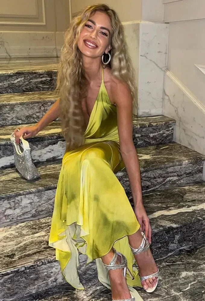 Ruffle Halter Cowl Neck Backless Maxi Dresses for Woman 2023 Summer Vacation Outfits Yellow Print Party Dress C15-EC41