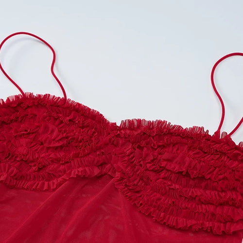 Load image into Gallery viewer, Spaghetti Strap Mesh Pleated Sexy Crop Tops Women Red Strapless Sleeveless Backless Skinny Club Tank Tops Clubwear
