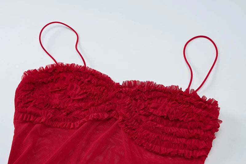 Spaghetti Strap Mesh Pleated Sexy Crop Tops Women Red Strapless Sleeveless Backless Skinny Club Tank Tops Clubwear