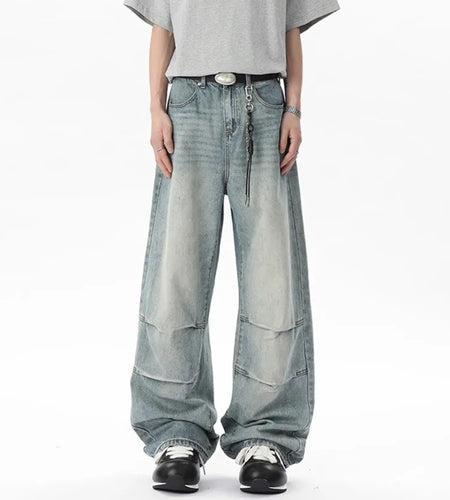 Male Jeans Spring Causal Pleated Design Solid Color Korean Loose Bottoms Straight Wide Leg Denim Pants Summer 2025 9W1253