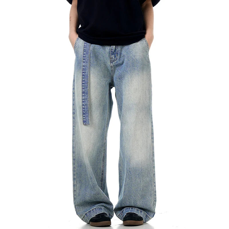 Men's Jeans New American Style Waistband Solid Color Design Denim Pants Loose Straight Leg Pants Trendy Spring 2025 9W1378