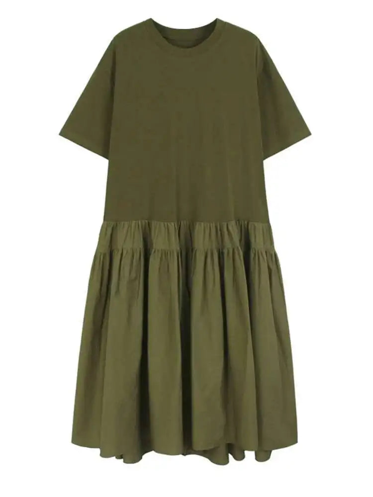 Women Army Green Pleated Hem Big Size Midi Dress New Round Neck Short Sleeve Fashion Tide Spring Summer 2025 1DJ0781