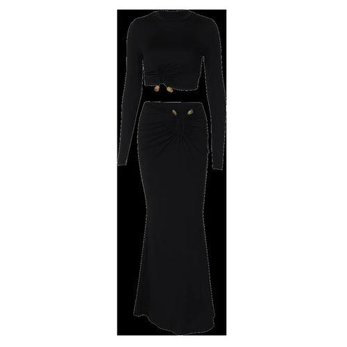 Load image into Gallery viewer, Autumn Winter Skirt Two Pieces Sets Women Sexy Long Sleeve Crop Tops And Elegant Maxi Skirt Sets Ladies Holiday Sets
