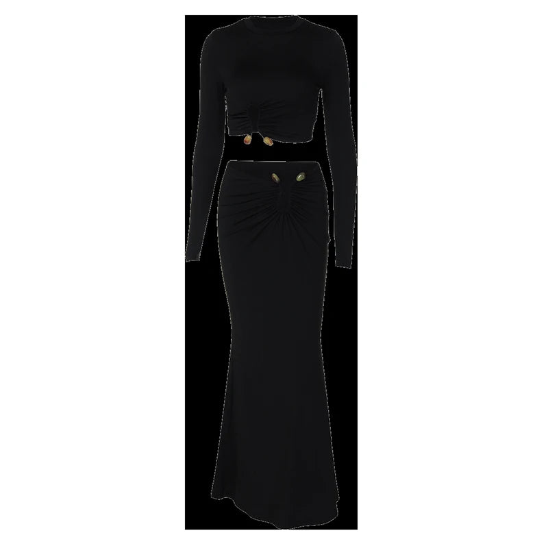 Autumn Winter Skirt Two Pieces Sets Women Sexy Long Sleeve Crop Tops And Elegant Maxi Skirt Sets Ladies Holiday Sets