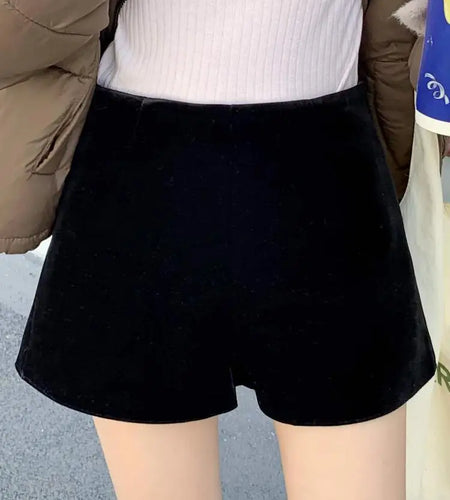 Korean Fashion Women Black High Waist Velvet Shorts Autumn And Winter Chic Lady Casual Brown Short Pant Simplicity Trend Popular