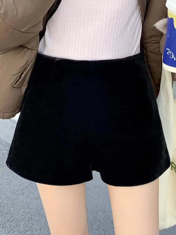 Korean Fashion Women Black High Waist Velvet Shorts Autumn And Winter Chic Lady Casual Brown Short Pant Simplicity Trend Popular