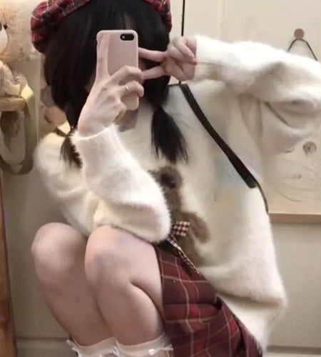 Grunge Cartoon Bear Streetwear Sweaters Sweet Y2k Aesthetic Loose Jumpers Women Harajuku Bow Oversized Kawaii Cute Pullovers