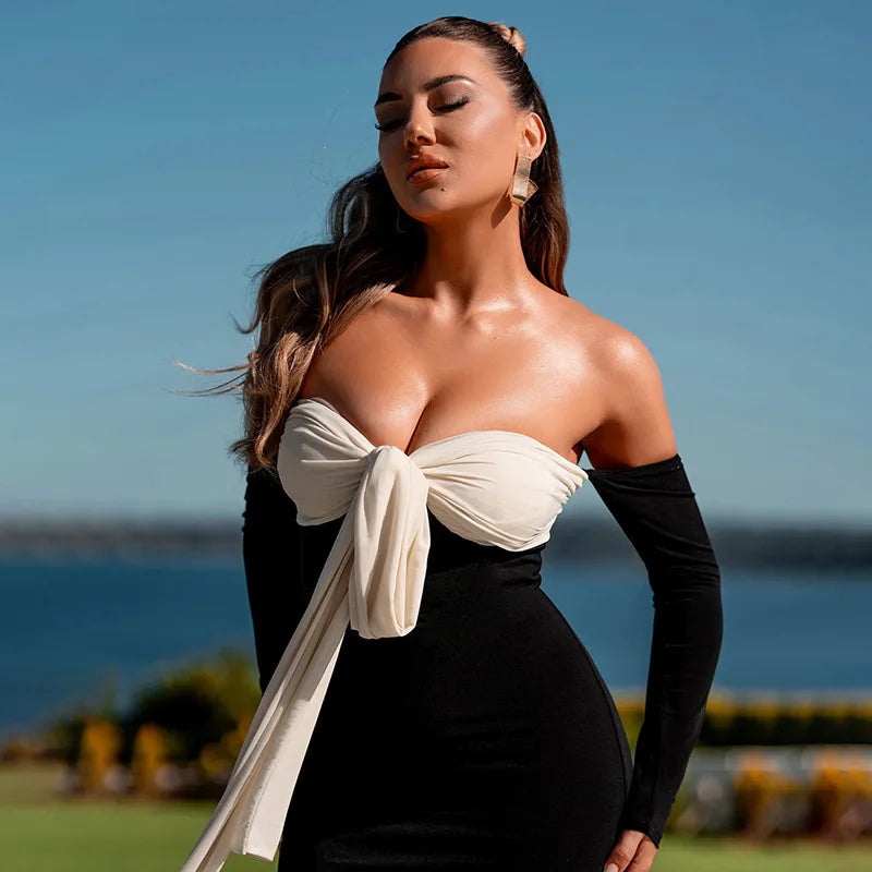 Patchwork Off-shoulder Sexy Maxi Dress For Women Gown Contrast Color Strapless Long Sleeve Bodycon Sexy Long Dress