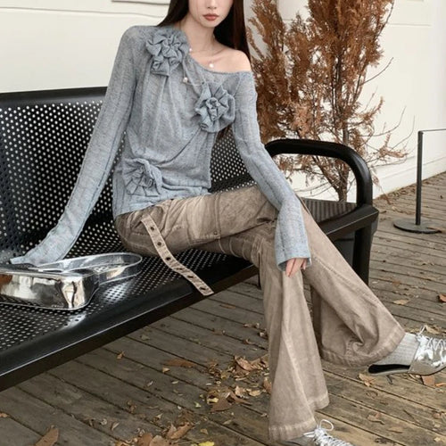 Load image into Gallery viewer, 2025 Y2k Aesthetic Vintage Solid Knitted Tees Spring Streetwear 3D Flower Tshirts Women Harajuku Grunge Skew Collar Grunge Tops
