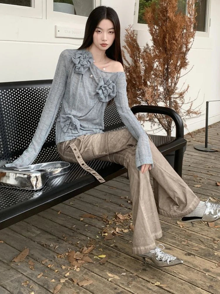 2025 Y2k Aesthetic Vintage Solid Knitted Tees Spring Streetwear 3D Flower Tshirts Women Harajuku Grunge Skew Collar Grunge Tops