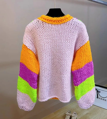 Fall Winter Coarse Wool Knit Cardigan For Women V Neck Contrast Thicken Sweaters Casual Loose Female Knitted Tops C-242