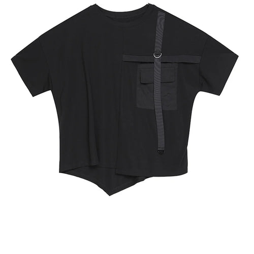 Load image into Gallery viewer, Women Black Ribbon Pocket Big Size Casual T-shirt New Round Neck Short Sleeve Fashion Tide Spring Summer 2025 1DJ1779
